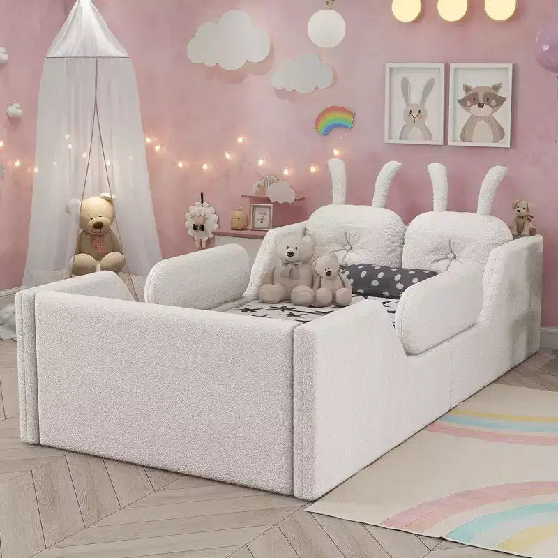Lit plateforme double Whisen, cadre de lit rembourré pour enfants avec coussin lapin, barrières latérales amovibles