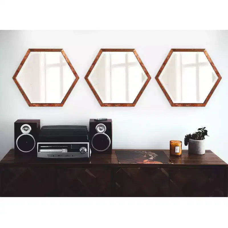 Miroir mural octogonal en bois, finition cuivre
