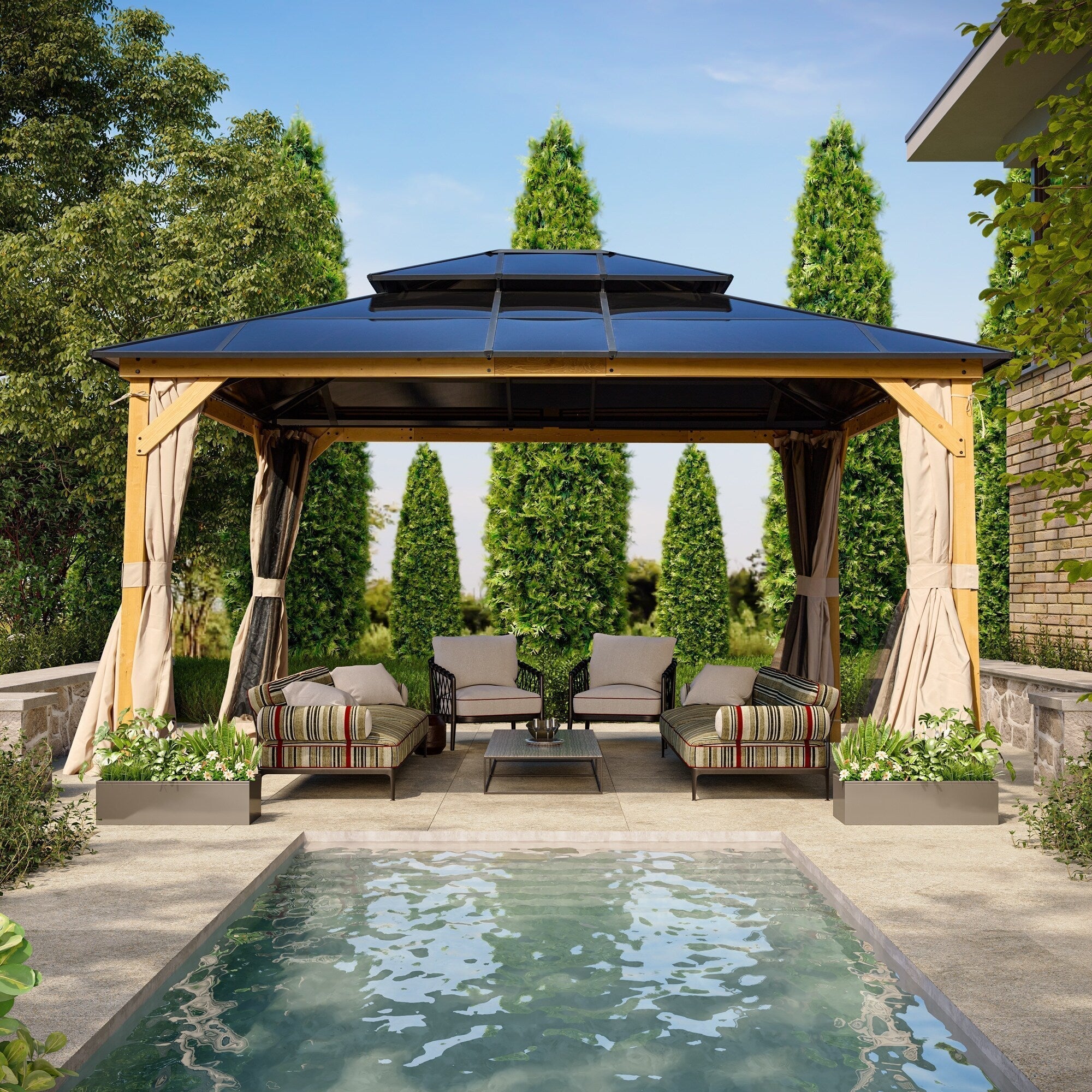 Tonnelle EROMMY à toit rigide, pergola extérieure avec double toit, moustiquaire et rideaux, auvent robuste pour patio, jardin, fête au bord de la piscine