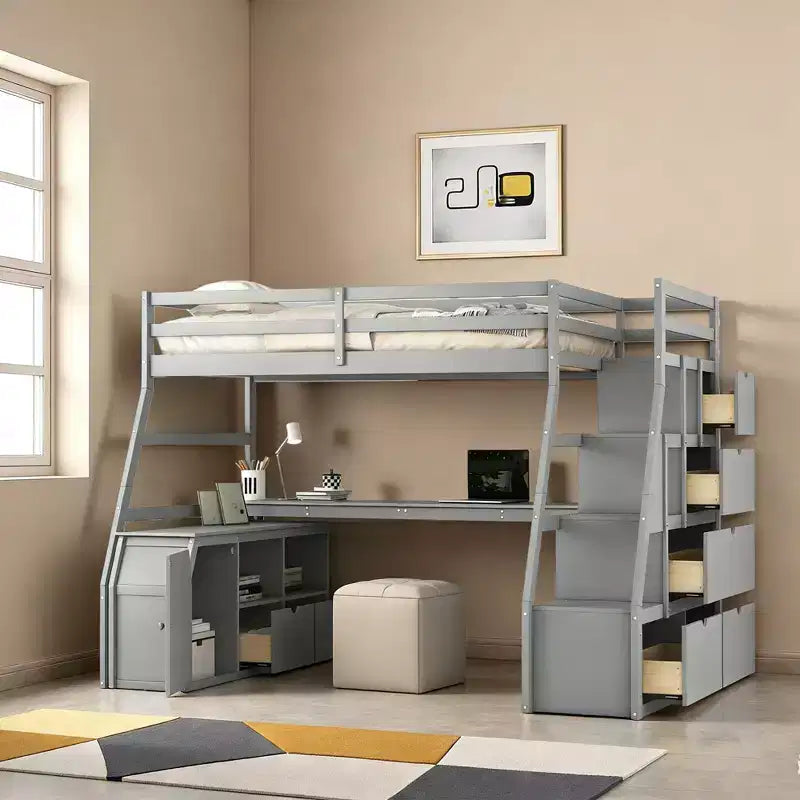 Lit mezzanine simple avec 7 tiroirs, 2 étagères, armoire et bureau pour enfants et adolescents