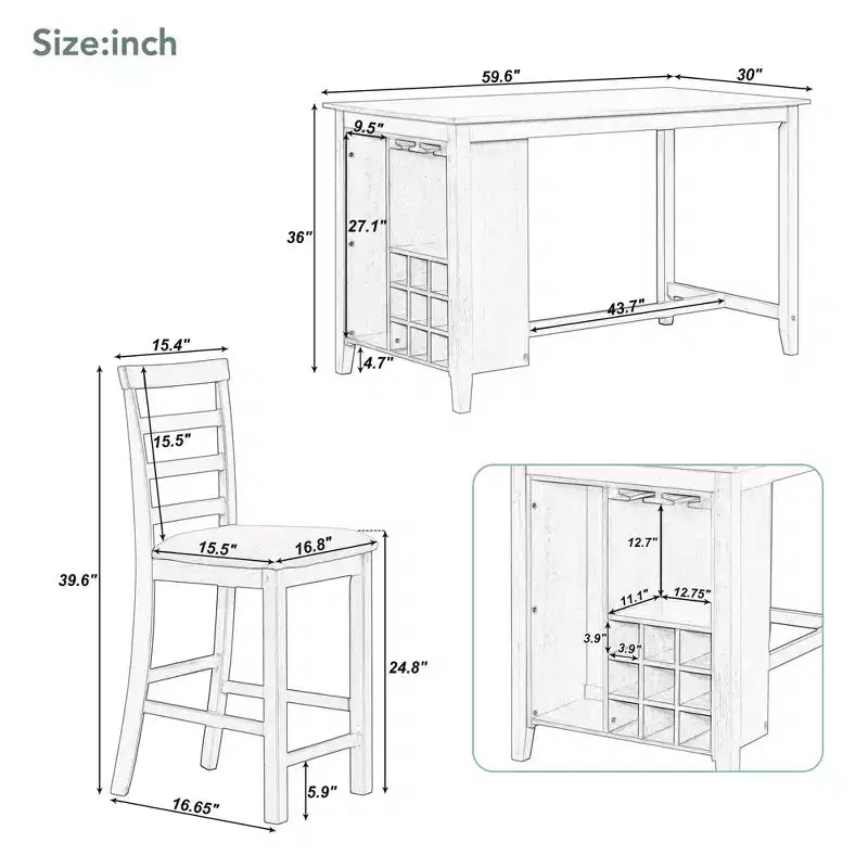 Ensemble de salle à manger 5 pièces de hauteur comptoir pour 4, table rectangulaire en bois avec étagères de rangement et compartiment à vin/barre