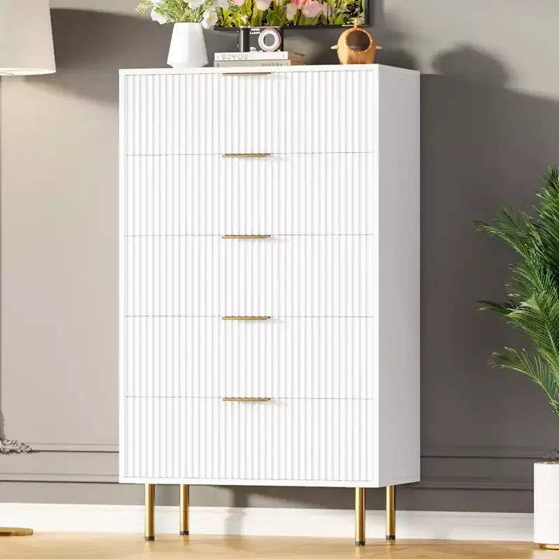 Commode à 5 tiroirs blanche / marbre et bois – Panneau cannelé, pour 1 personne