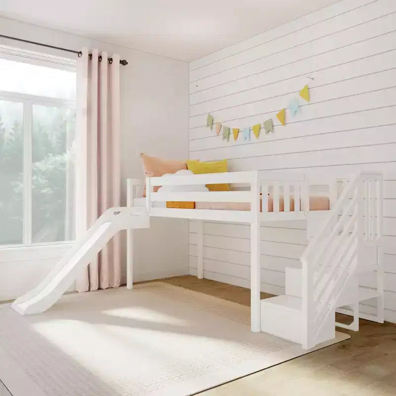 Lit bas mezzanine simple pour enfants avec toboggan et escalier, bois massif, 14 barrières de sécurité, capacité de 180 kg