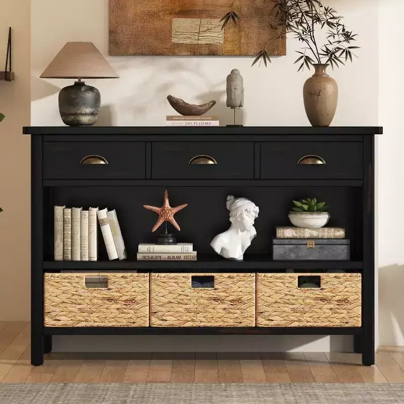 Console de table d'entrée avec rangement, table de couloir de style ferme avec 3 tiroirs et 3 paniers en jacinthe d'eau pour salon ou hall d'entrée - Panipeachy