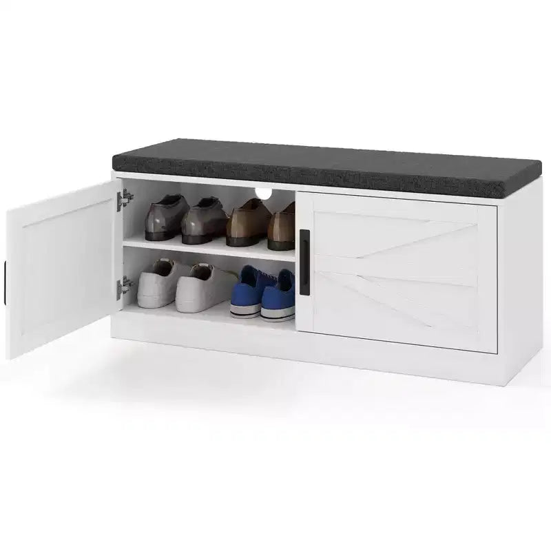 Banc à chaussures de ferme avec coussin, 2 portes coulissantes et 2 étagères réglables