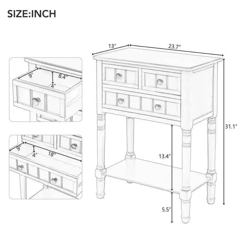 Console rectangulaire en bois de 23,7 pouces avec 3 tiroirs