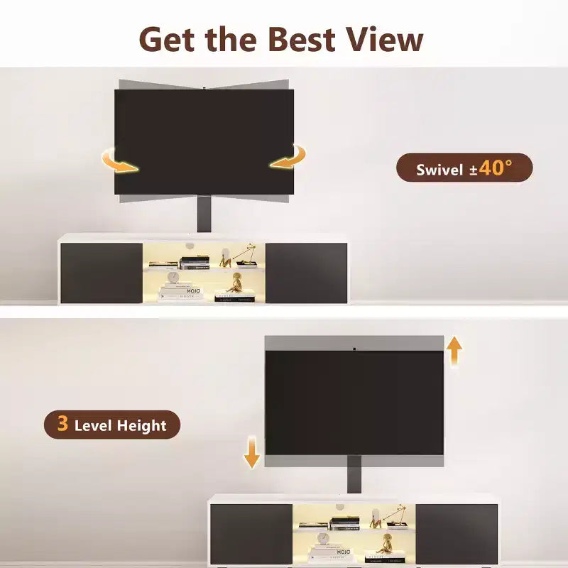 Meuble TV avec support pivotant pour téléviseurs de 50 à 65 pouces, éclairage LED et prise de courant, réglable en hauteur, blanc