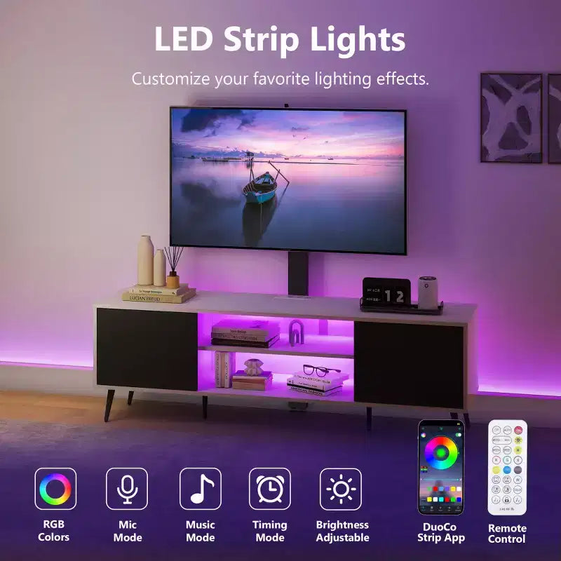 Meuble TV avec support pivotant pour téléviseurs de 50 à 65 pouces, éclairage LED et prise de courant, réglable en hauteur, blanc