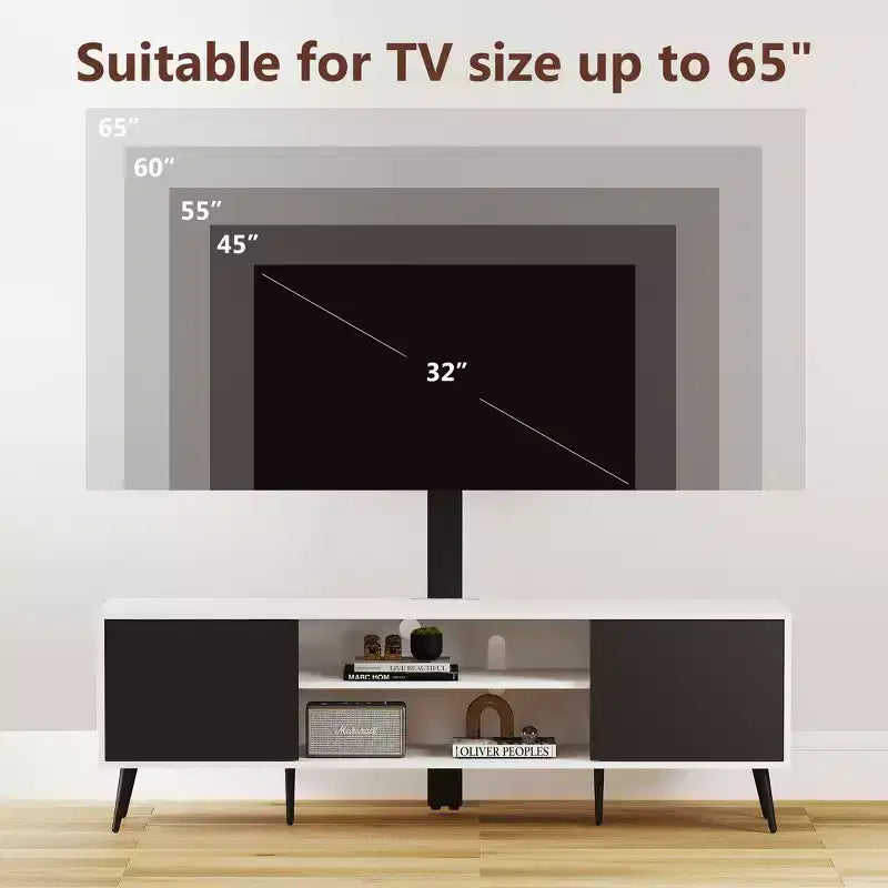 Meuble TV avec support pivotant pour téléviseurs de 50 à 65 pouces, éclairage LED et prise de courant, réglable en hauteur, blanc