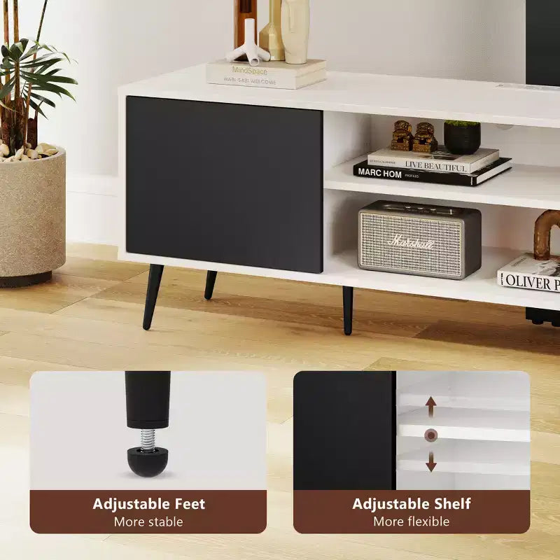 Meuble TV avec support pivotant pour téléviseurs de 50 à 65 pouces, éclairage LED et prise de courant, réglable en hauteur, blanc