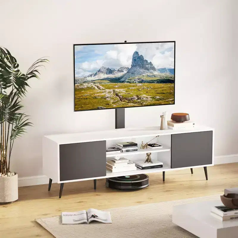 Meuble TV avec support pivotant pour téléviseurs de 50 à 65 pouces, éclairage LED et prise de courant, réglable en hauteur, blanc