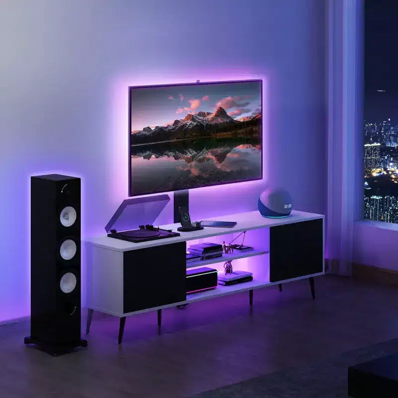 Meuble TV avec support pivotant pour téléviseurs de 50 à 65 pouces, éclairage LED et prise de courant, réglable en hauteur, blanc