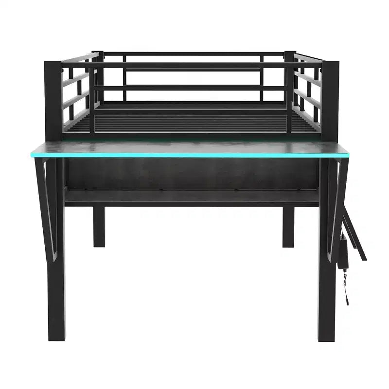 Lit mezzanine de jeu en métal double/simple avec bureau, étagères de rangement et lumière LED, noir