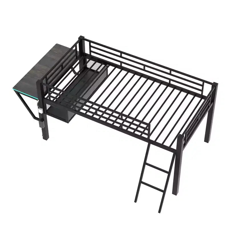 Lit mezzanine de jeu en métal double/simple avec bureau, étagères de rangement et lumière LED, noir