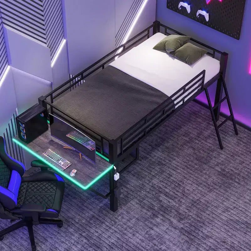 Lit mezzanine de jeu en métal double/simple avec bureau, étagères de rangement et lumière LED, noir