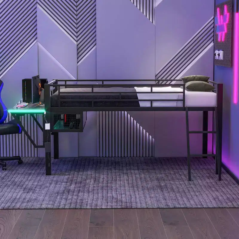 Lit mezzanine de jeu en métal double/simple avec bureau, étagères de rangement et lumière LED, noir