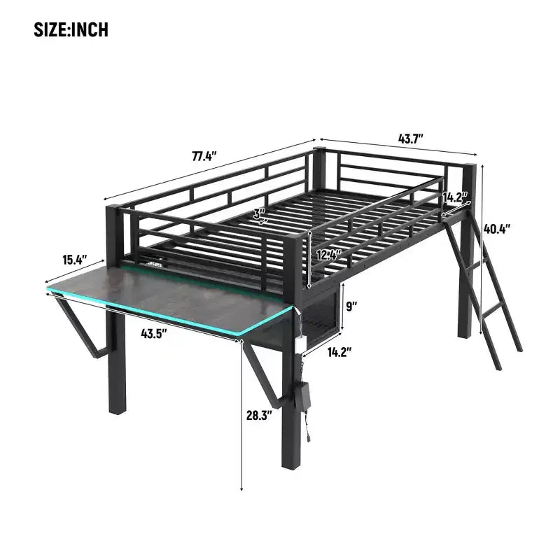 Lit mezzanine de jeu en métal double/simple avec bureau, étagères de rangement et lumière LED, noir