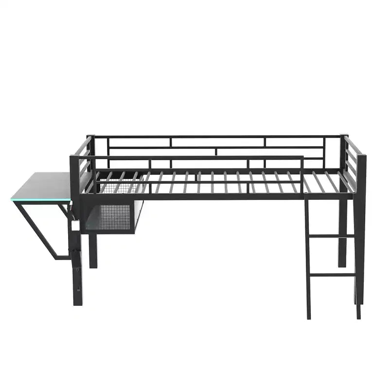 Lit mezzanine de jeu en métal double/simple avec bureau, étagères de rangement et lumière LED, noir