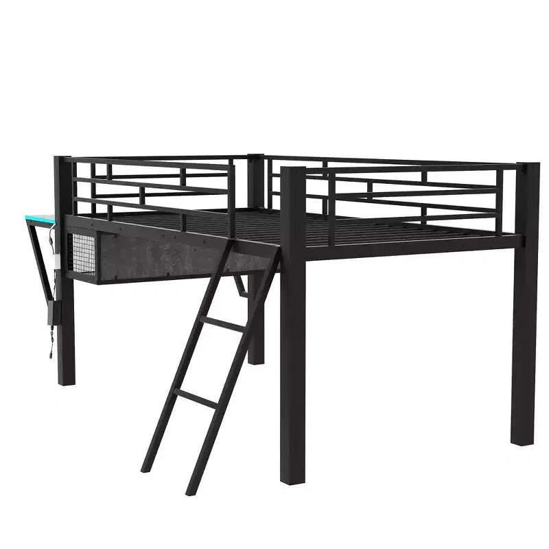Lit mezzanine de jeu en métal double/simple avec bureau, étagères de rangement et lumière LED, noir