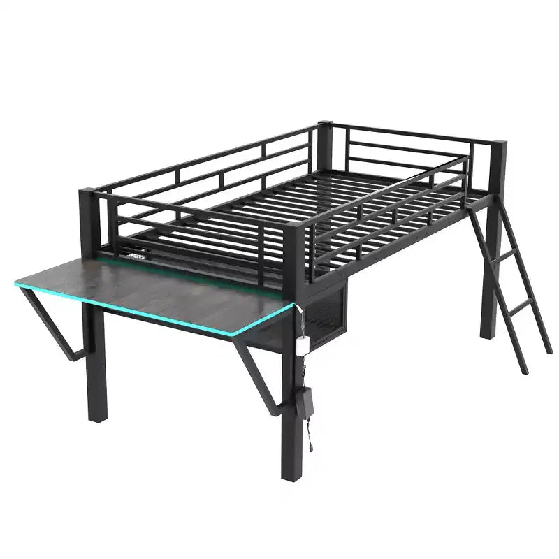 Lit mezzanine de jeu en métal double/simple avec bureau, étagères de rangement et lumière LED, noir