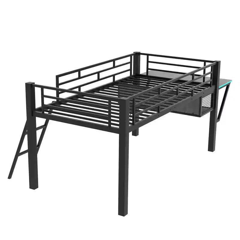 Lit mezzanine de jeu en métal double/simple avec bureau, étagères de rangement et lumière LED, noir