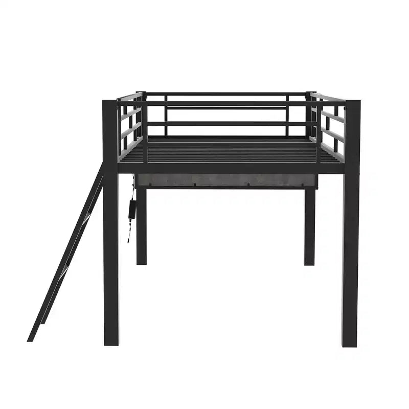 Lit mezzanine de jeu en métal double/simple avec bureau, étagères de rangement et lumière LED, noir