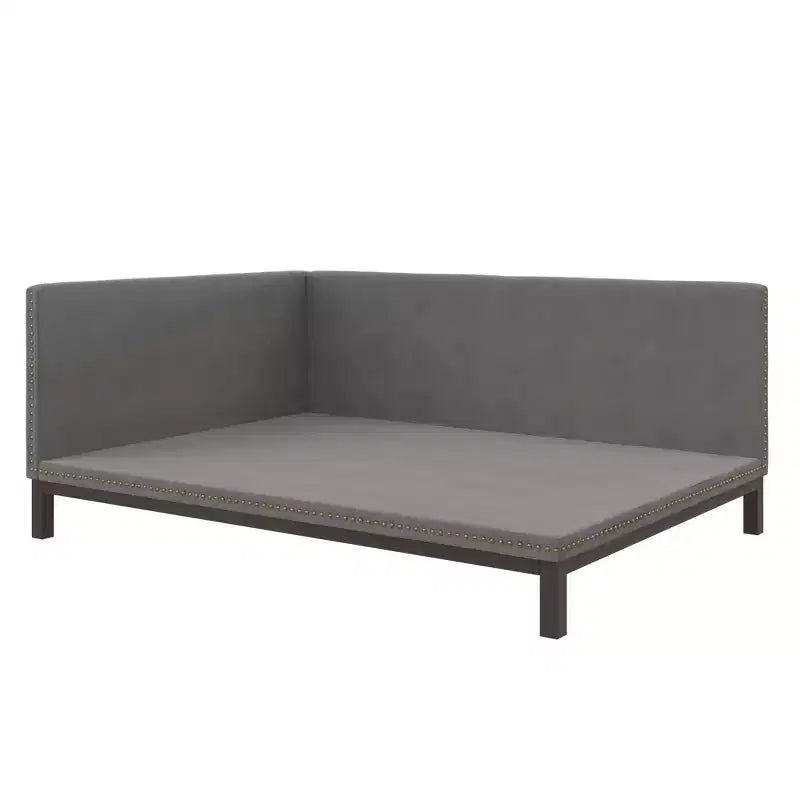 Banquette-lit moderne du milieu du siècle, revêtue de tissu de lin avec des clous décoratifs