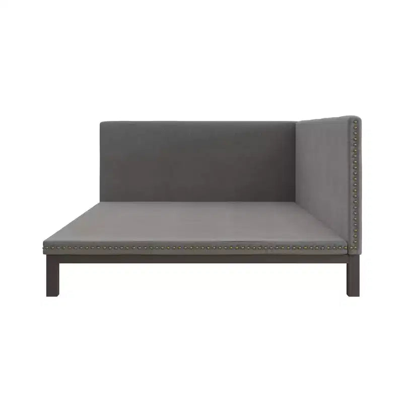 Banquette-lit moderne du milieu du siècle, revêtue de tissu de lin avec des clous décoratifs