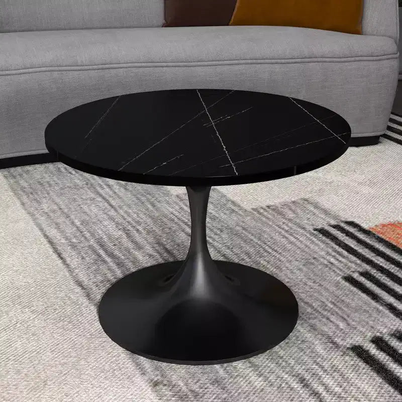 Table basse ronde 24" en pierre frittée, piètement piédestal noir