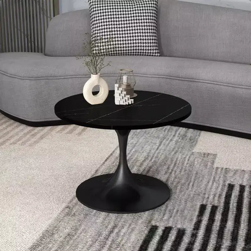 Table basse ronde 24" en pierre frittée, piètement piédestal noir