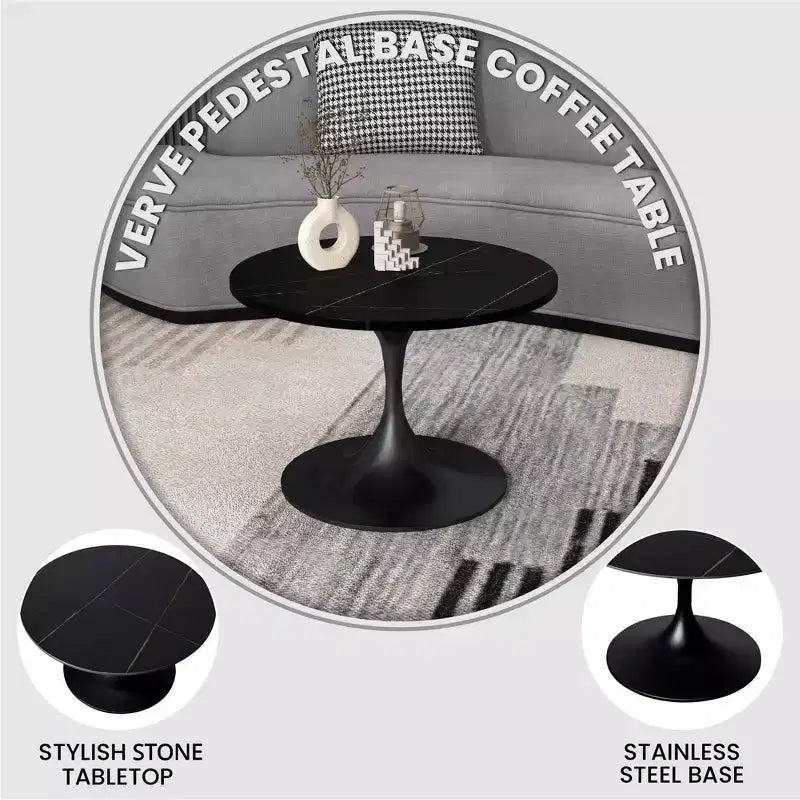 Table basse ronde 24" en pierre frittée, piètement piédestal noir