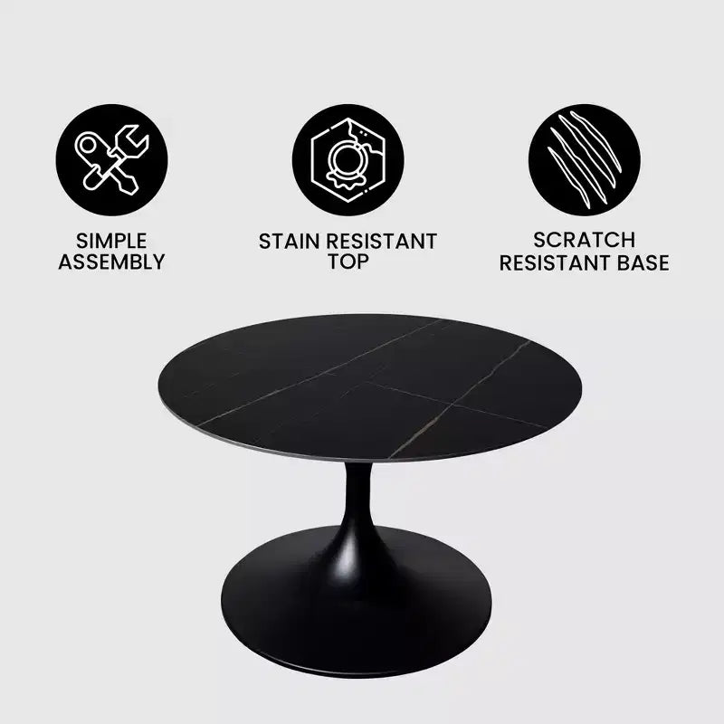 Table basse ronde 24" en pierre frittée, piètement piédestal noir
