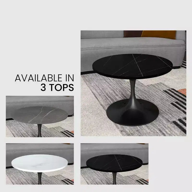 Table basse ronde 24" en pierre frittée, piètement piédestal noir