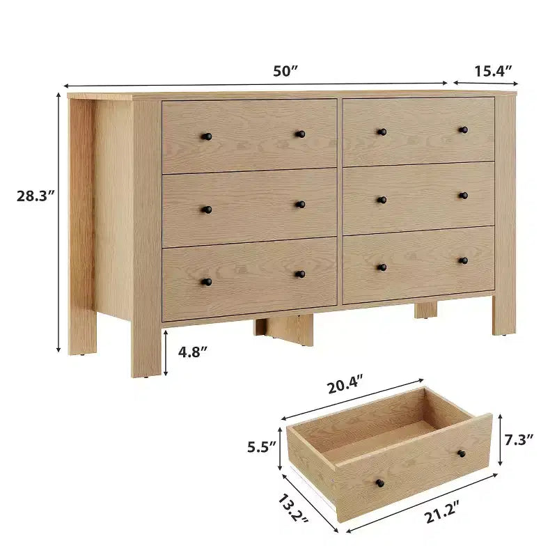 Commode double à 6 tiroirs, Organisateur de rangement moderne en bois pour chambre à coucher et chambre d'enfant