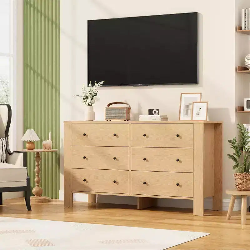 Commode double à 6 tiroirs, Organisateur de rangement moderne en bois pour chambre à coucher et chambre d'enfant