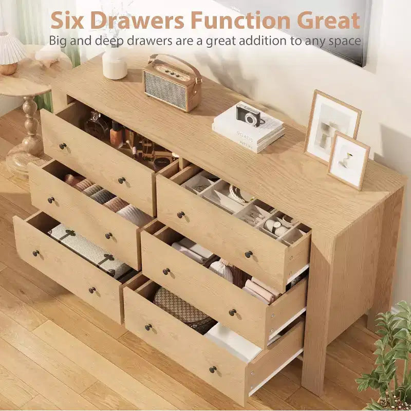 Commode double à 6 tiroirs, Organisateur de rangement moderne en bois pour chambre à coucher et chambre d'enfant