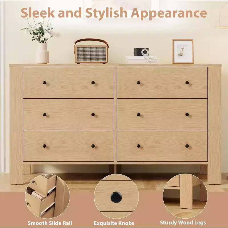 Commode double à 6 tiroirs, Organisateur de rangement moderne en bois pour chambre à coucher et chambre d'enfant