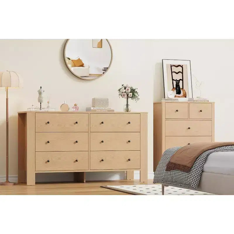 Commode double à 6 tiroirs, Organisateur de rangement moderne en bois pour chambre à coucher et chambre d'enfant