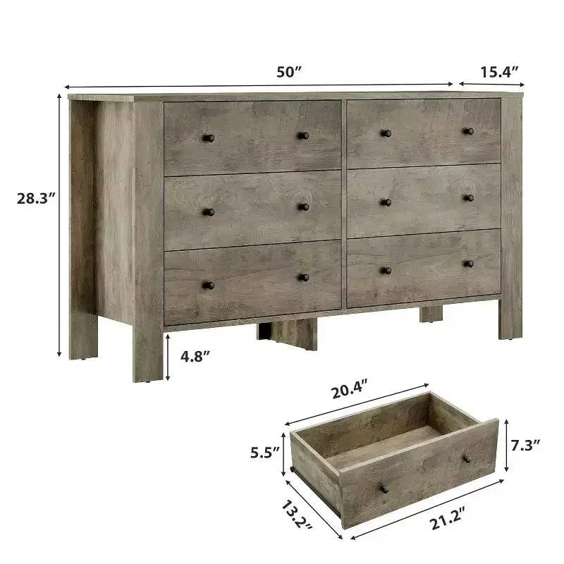 Commode double à 6 tiroirs, Organisateur de rangement moderne en bois pour chambre à coucher et chambre d'enfant