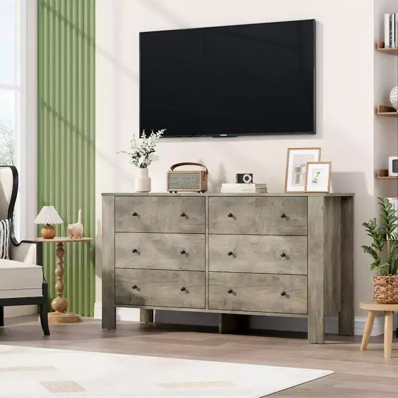 Commode double à 6 tiroirs, Organisateur de rangement moderne en bois pour chambre à coucher et chambre d'enfant
