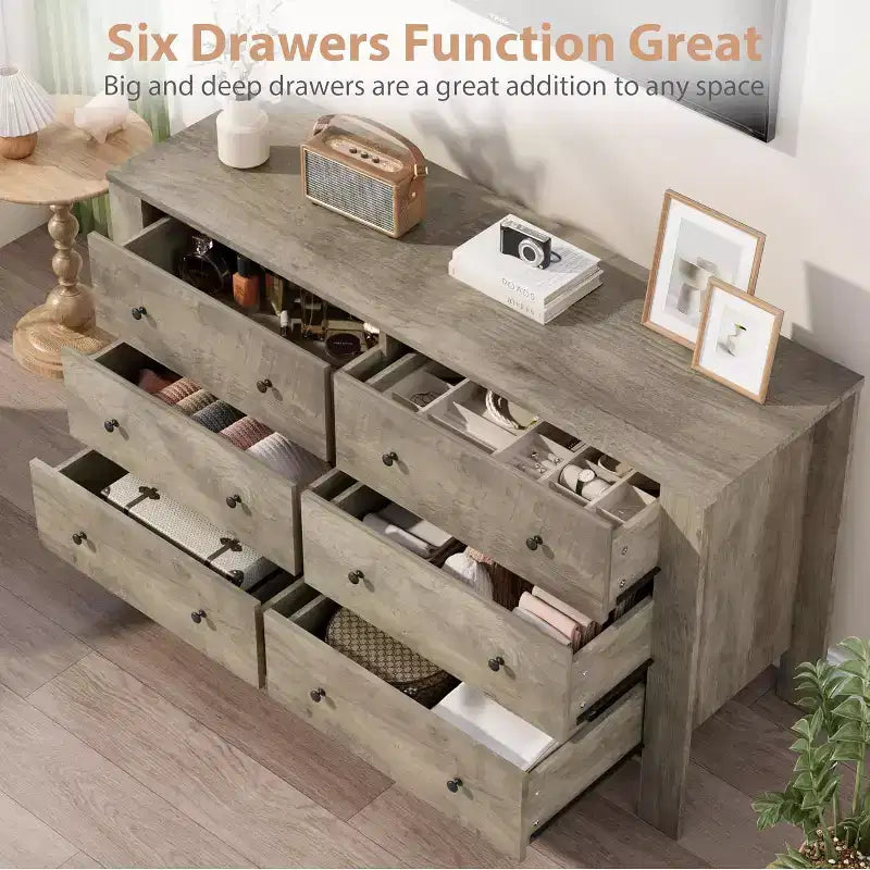 Commode double à 6 tiroirs, Organisateur de rangement moderne en bois pour chambre à coucher et chambre d'enfant