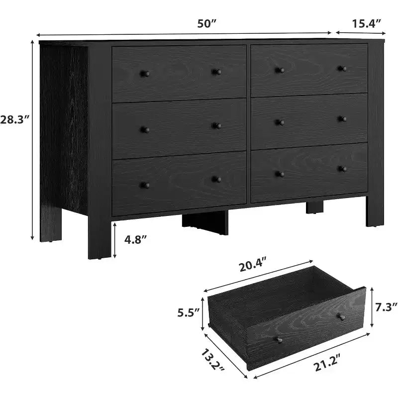 Commode double à 6 tiroirs, Organisateur de rangement moderne en bois pour chambre à coucher et chambre d'enfant