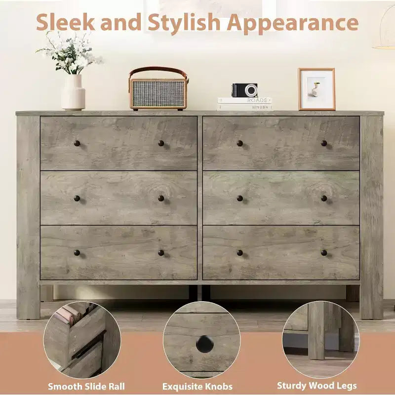 Commode double à 6 tiroirs, Organisateur de rangement moderne en bois pour chambre à coucher et chambre d'enfant