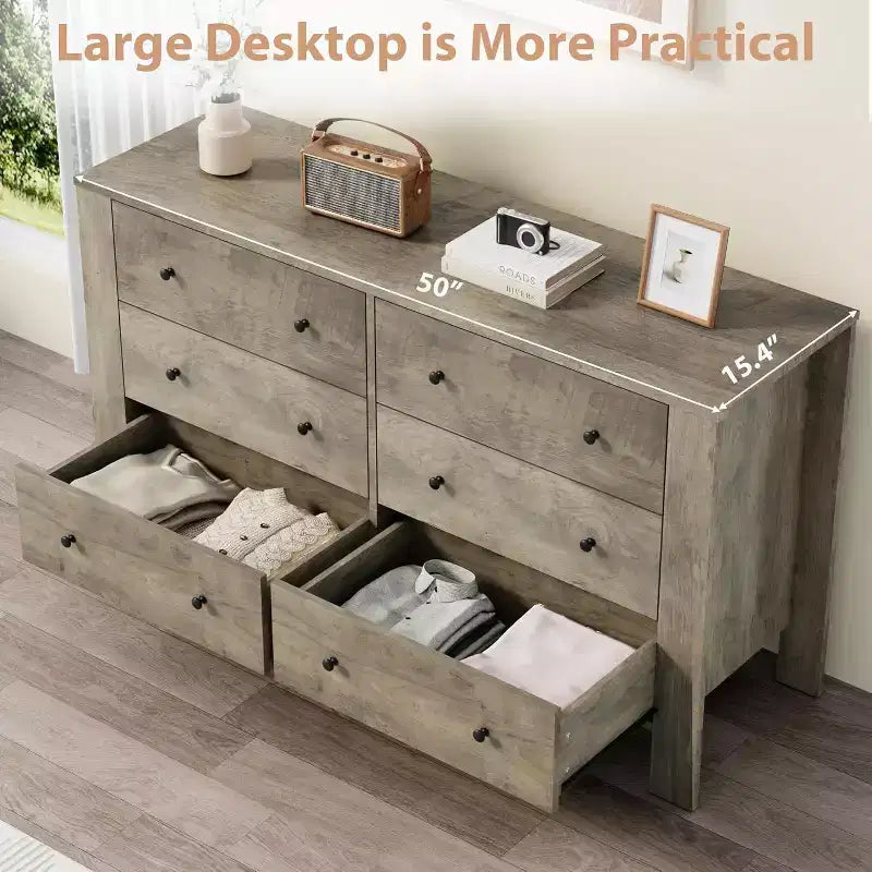 Commode double à 6 tiroirs, Organisateur de rangement moderne en bois pour chambre à coucher et chambre d'enfant
