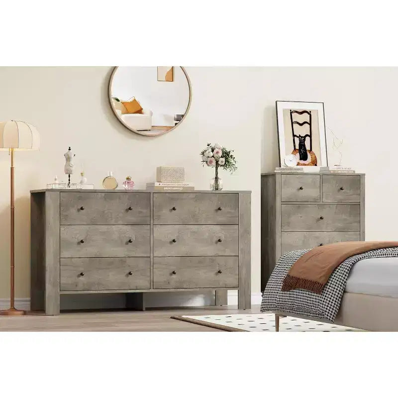 Commode double à 6 tiroirs, Organisateur de rangement moderne en bois pour chambre à coucher et chambre d'enfant