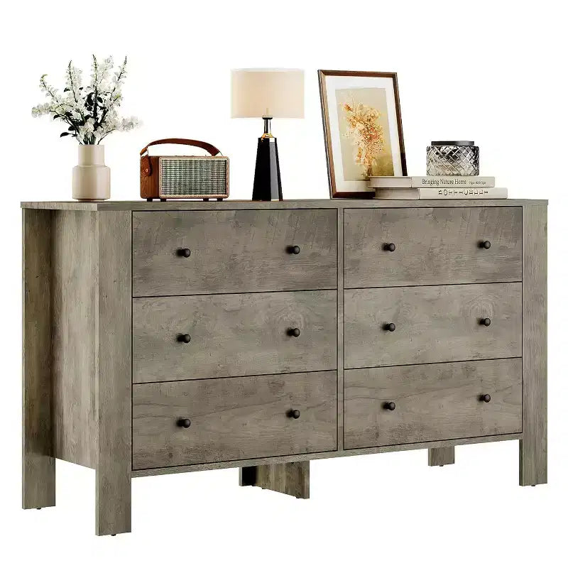 Commode double à 6 tiroirs, Organisateur de rangement moderne en bois pour chambre à coucher et chambre d'enfant