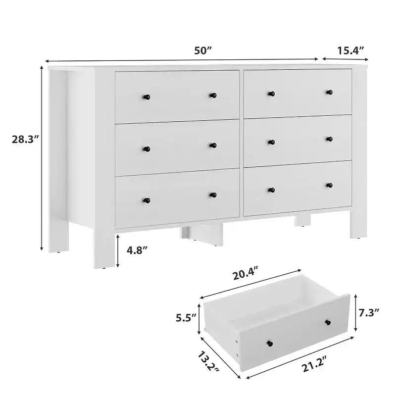 Commode double à 6 tiroirs, Organisateur de rangement moderne en bois pour chambre à coucher et chambre d'enfant