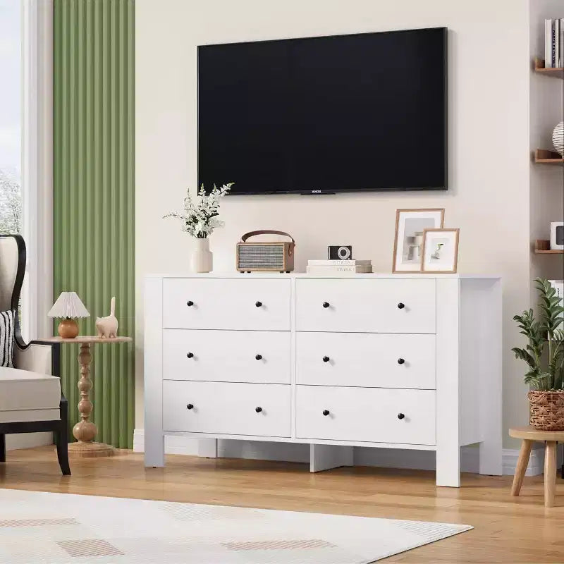 Commode double à 6 tiroirs, Organisateur de rangement moderne en bois pour chambre à coucher et chambre d'enfant