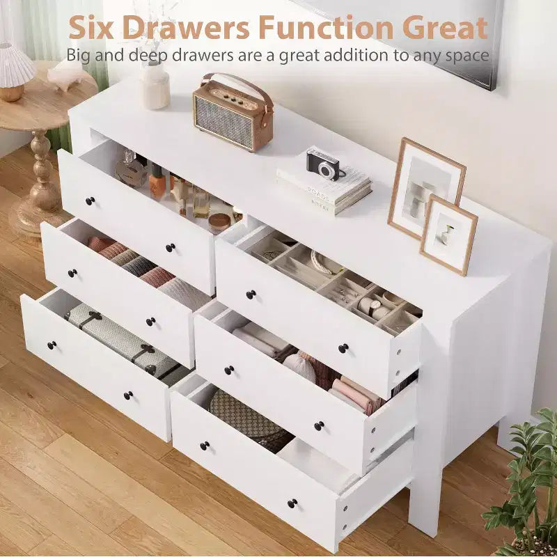 Commode double à 6 tiroirs, Organisateur de rangement moderne en bois pour chambre à coucher et chambre d'enfant