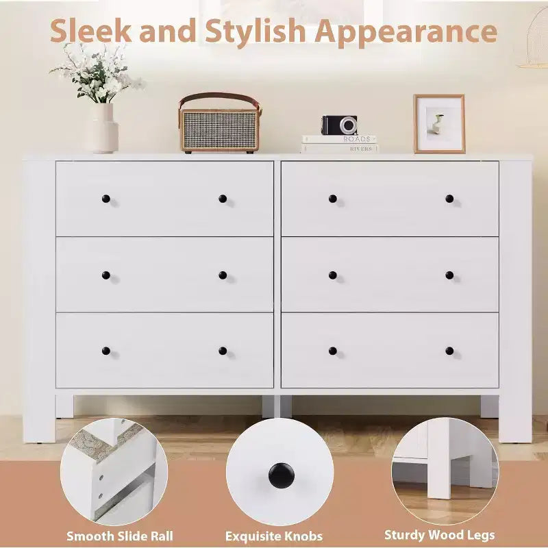 Commode double à 6 tiroirs, Organisateur de rangement moderne en bois pour chambre à coucher et chambre d'enfant